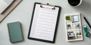 Home inventory checklist template on a clipboard with a pen and notebook.