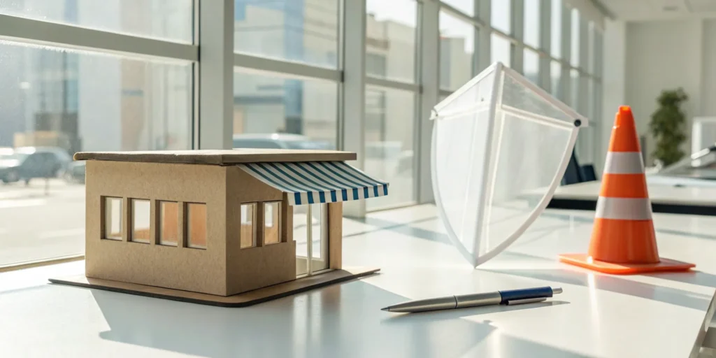 General liability coverage explained with a model business storefront and safety cone.