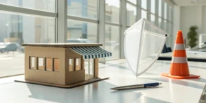 General liability coverage explained with a model business storefront and safety cone.