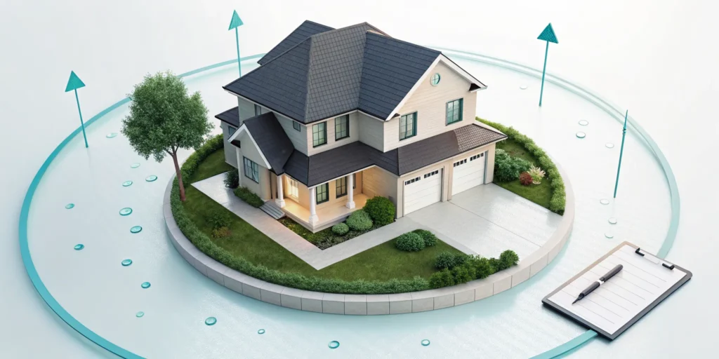 A house, clipboard, and arrows outlining the home insurance claim process.