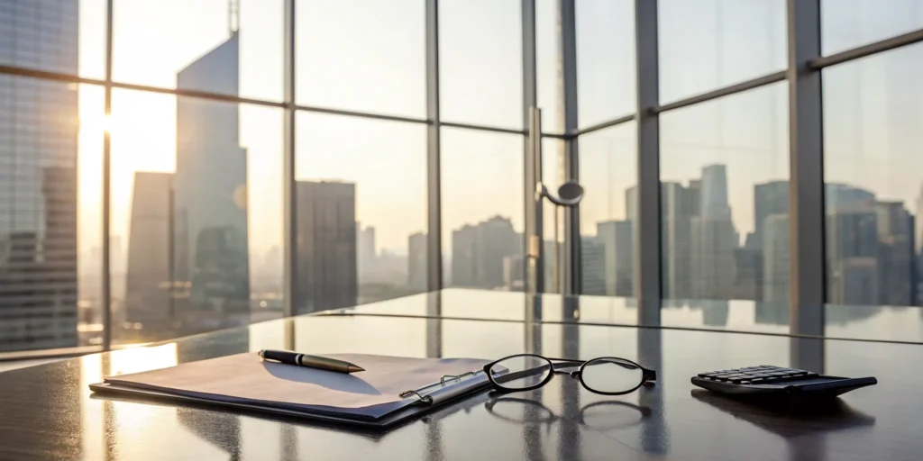 Desk with paperwork, a calculator, and eyeglasses for the life insurance underwriting process.