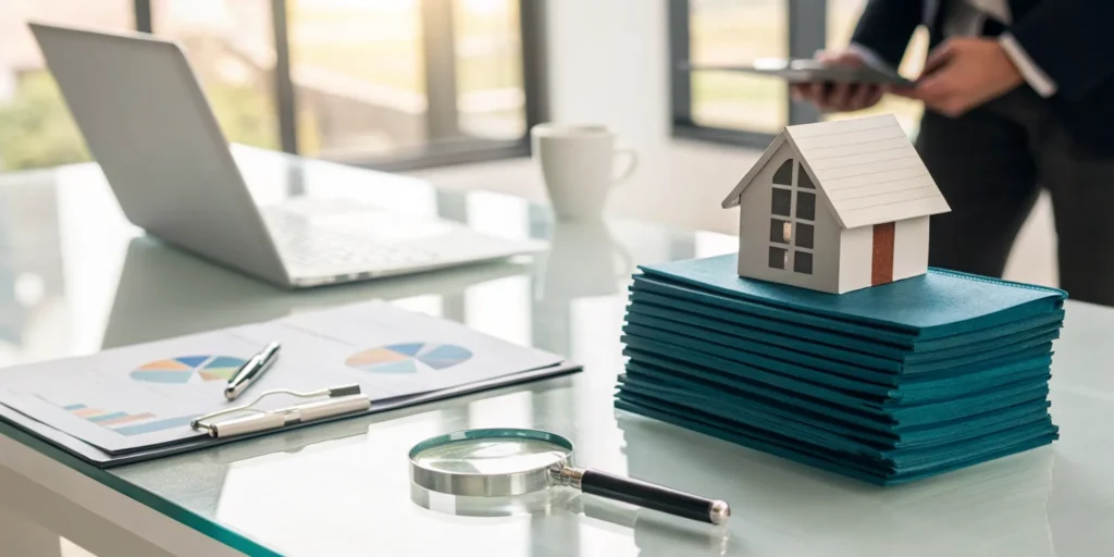 Comparing home insurance plans with a magnifying glass, policy documents, and a small model home.