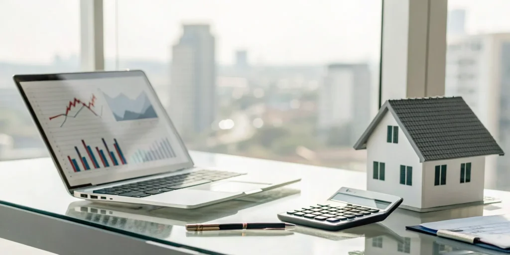 Comparing home insurance rates on a laptop with a calculator and a small house model.