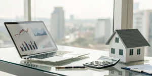 Comparing home insurance rates on a laptop with a calculator and a small house model.