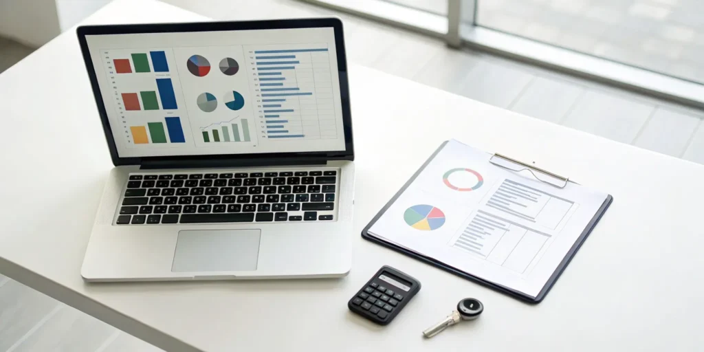 Comparing vehicle insurance plans on a laptop with charts and a calculator.