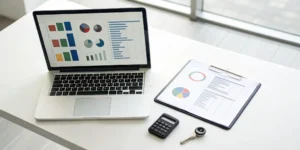 Comparing vehicle insurance plans on a laptop with charts and a calculator.