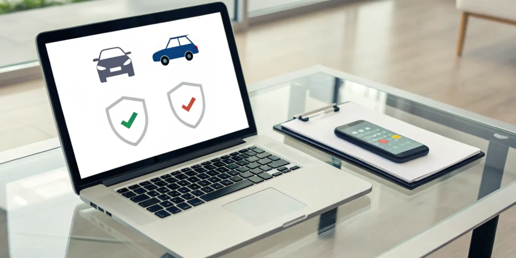 A laptop screen with a tool to compare vehicle insurance rates and find savings.
