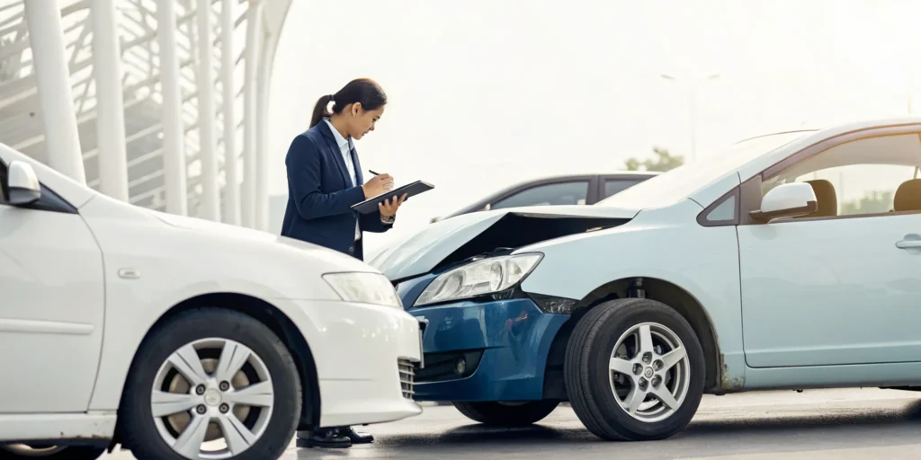 An insurance adjuster inspects a car to file an auto insurance claim.