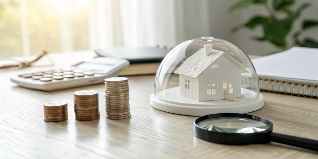 Calculating affordable home insurance rates with a calculator, coins, and a model home.