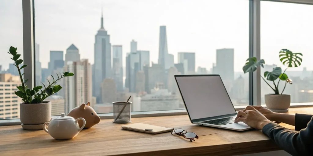 Home office with a laptop used for finding the best renters insurance rates.