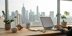 Home office with a laptop used for finding the best renters insurance rates.