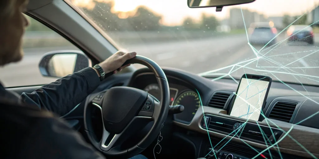 Driver's in-car device tracking driving habits for a usage-based insurance program.
