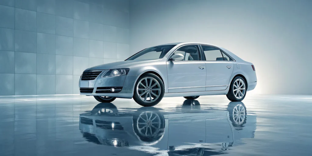 A silver sedan, a common choice for liability only auto coverage.