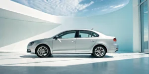 Silver sedan parked in a garage, a smart choice for pay per mile insurance.