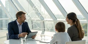 An insurance agent explains life insurance beneficiary rules and options to a family.