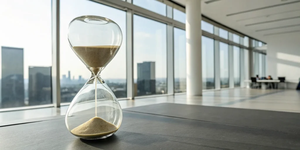 An hourglass on an office desk showing the time left in a life insurance grace period.