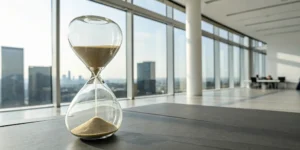 An hourglass on an office desk showing the time left in a life insurance grace period.