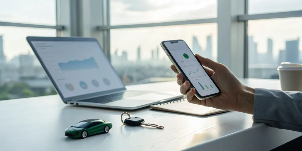 Person comparing affordable car insurance rates on a smartphone with a laptop nearby.
