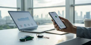 Person comparing affordable car insurance rates on a smartphone with a laptop nearby.