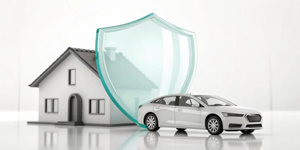 Liability insurance shield protecting a house and car from property damage and bodily injury.