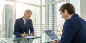 A financial professional explains the accelerated death benefit rider to a client.