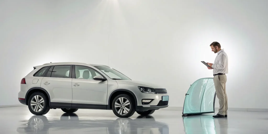 Man inspecting collision damage on a white SUV, a scenario handled by collision coverage.