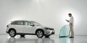 Man inspecting collision damage on a white SUV, a scenario handled by collision coverage.