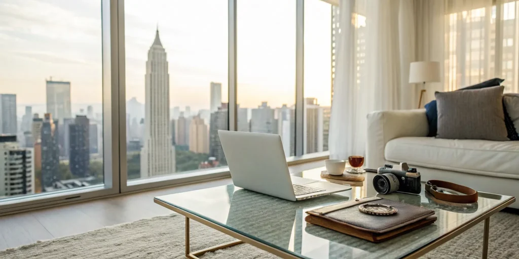 Personal property like a laptop and camera in a condo living room protected by personal property coverage.