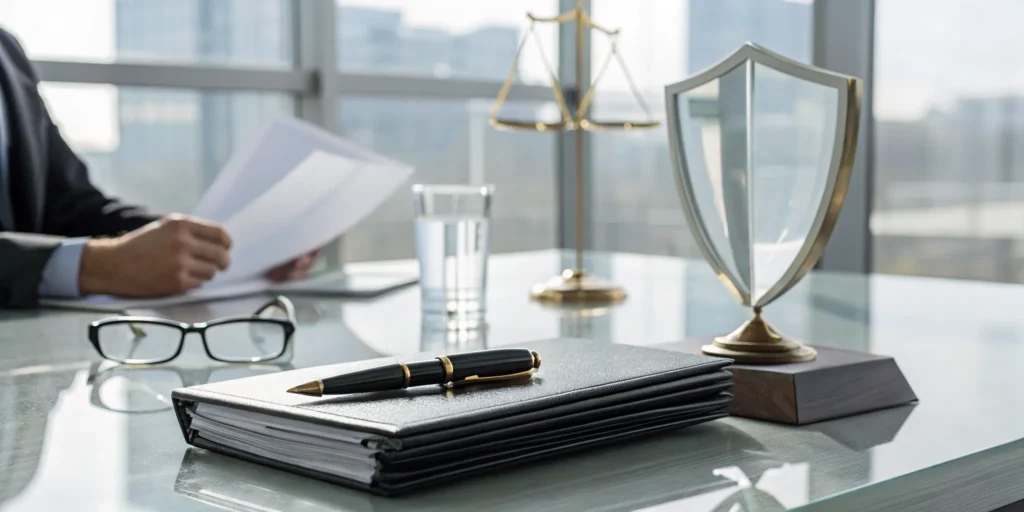 Scales of justice and legal documents on a desk defining what professional liability insurance is.