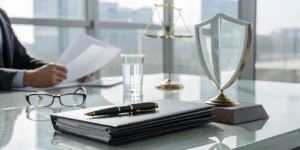 Scales of justice and legal documents on a desk defining what professional liability insurance is.