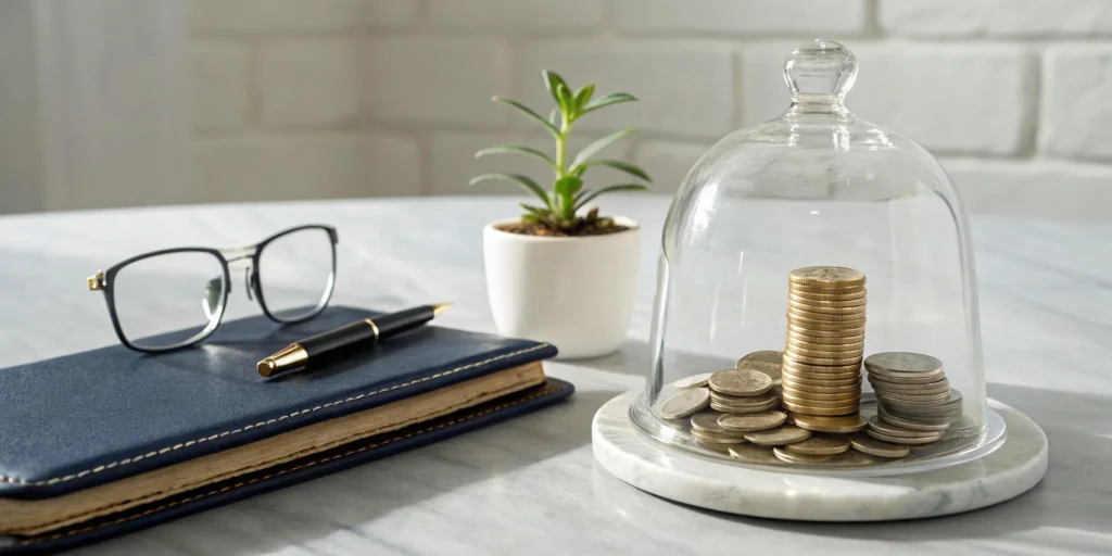 Coins protected under a glass dome next to a notebook, showing the growth of whole life cash value.