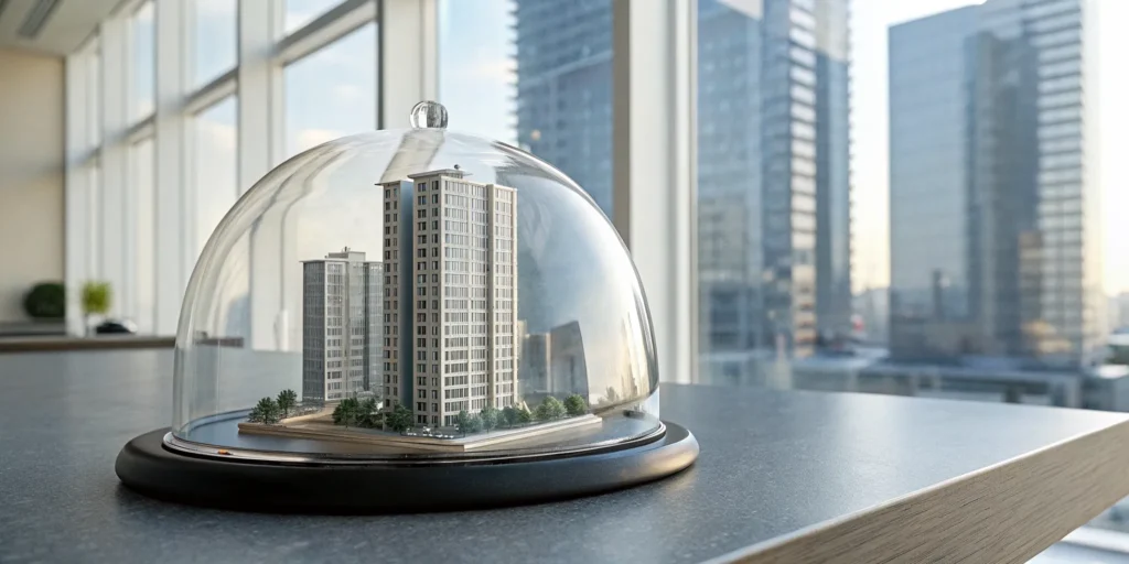 A model condo building protected under a glass dome, highlighting the best condo insurance coverage.