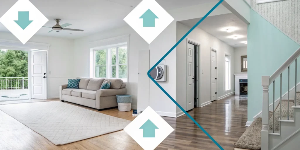 Arrows in a renter's apartment showing the step-by-step insurance claim process.