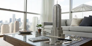 A condo model, calculator, and coins for getting the best condo insurance rates.