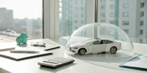 A model car is protected under a glass dome, a concept for cheap full coverage insurance.