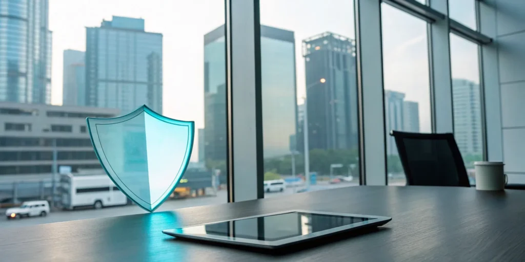 Tablet on an office table with a shield icon for commercial general liability insurance.