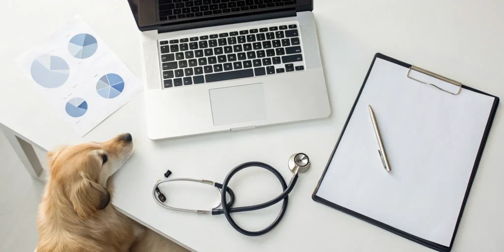 A dog at a desk with a laptop, researching the best pet insurance for dogs.