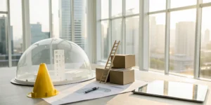 Business general liability insurance policy paperwork next to a building model and safety cone.