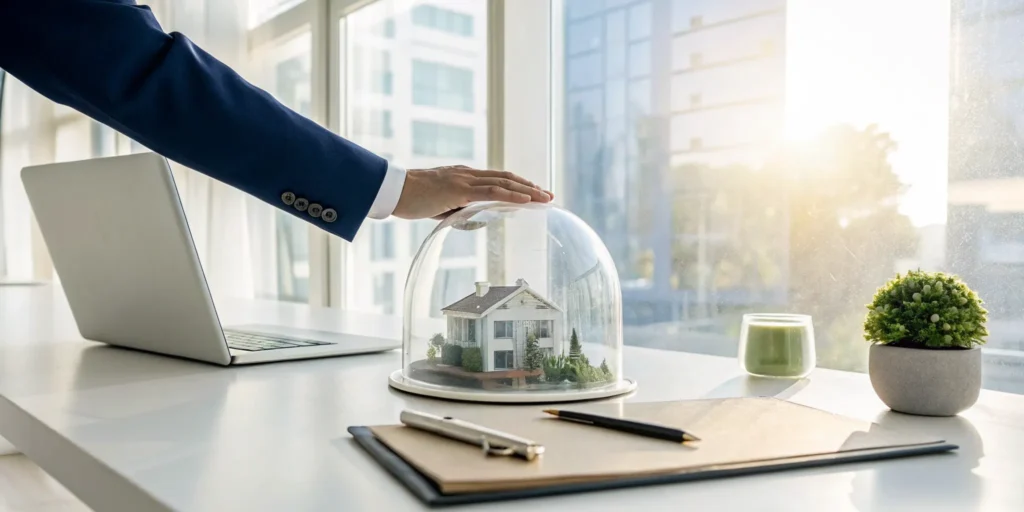 Business insurance for small companies protects a business, like a glass dome over a model house on a desk.