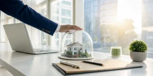 Business insurance for small companies protects a business, like a glass dome over a model house on a desk.