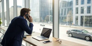 A man on the phone learning about the consequences of a car insurance lapse.