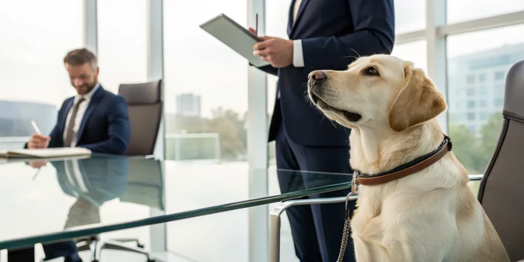 Dog in an office with insurance agents discussing dog bite liability coverage.