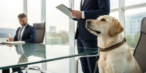 Dog in an office with insurance agents discussing dog bite liability coverage.