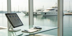 Getting an instant boat insurance quote on a computer overlooking boats in a marina.