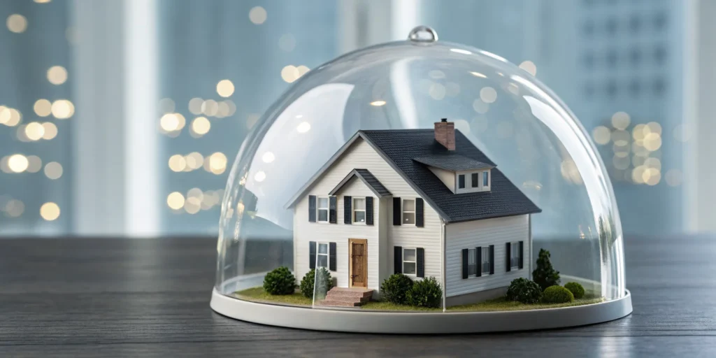 A model home protected by a glass dome, representing complete home insurance coverage.
