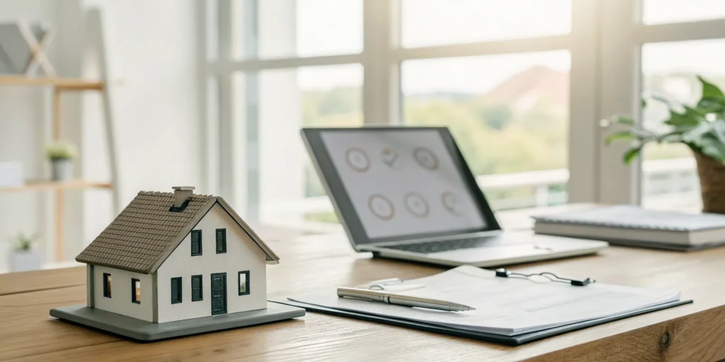 A home insurance policy review in progress with documents and a small house model on a desk.