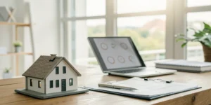 A home insurance policy review in progress with documents and a small house model on a desk.