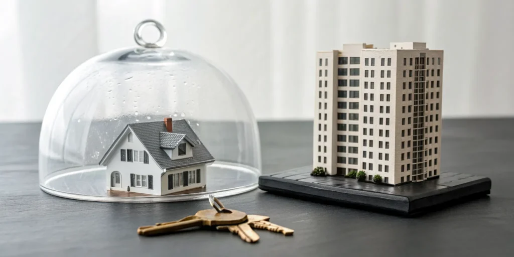House and apartment models with keys showing the mistake of using homeowners insurance for a rental property.