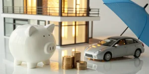 Piggy bank and coins with a model car and house showing savings from a renters and auto insurance bundle.
