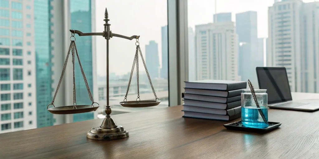 Scales of justice on a desk, used for choosing professional liability insurance limits.